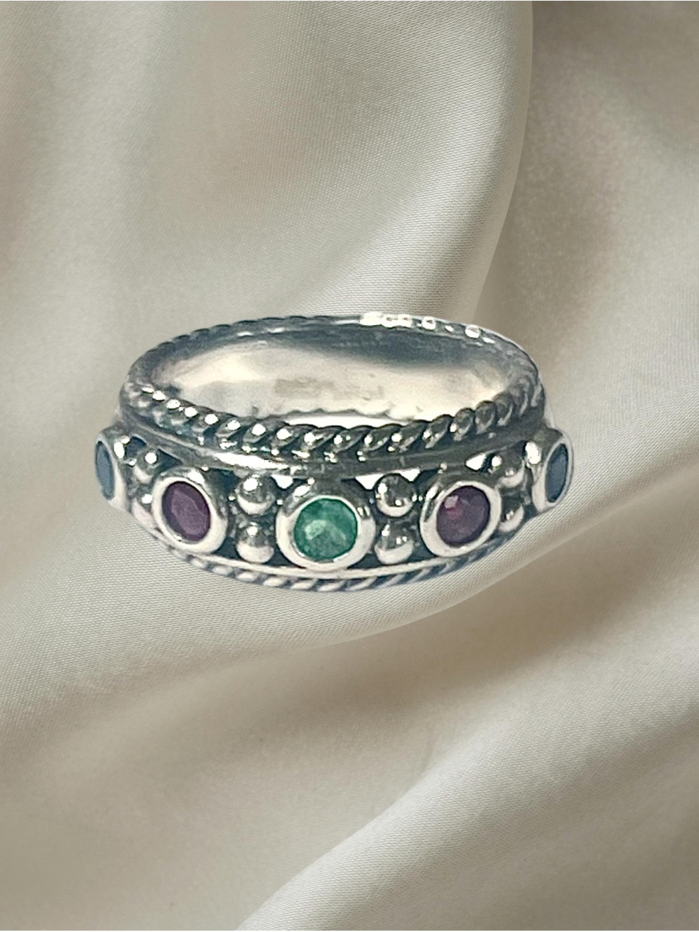Sterling Silver Multi-Gemstone Band Ring -Emerald, Ruby & Sapphire Size 6